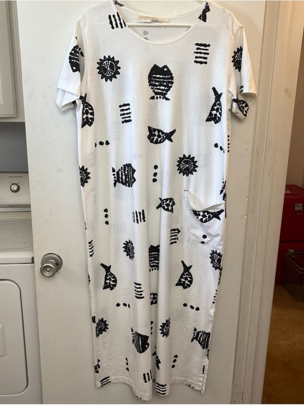 Vintage Perry Shar Maxi Short Sleeve Black White Pocket Dress Fish XL USA